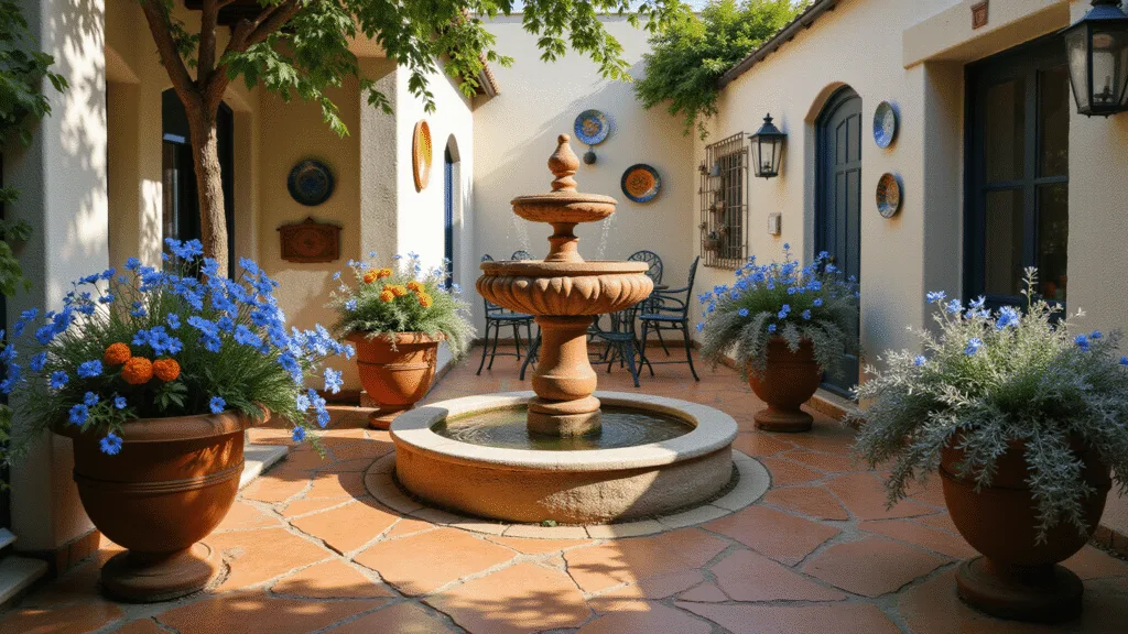 A sunlit Mediterranean courtyard garden with a central terracotta fountain, vibrant flowers in antique urns, terracotta tiles, and a cobalt blue bistro set, captured in golden hour light highlighting textures and shadows.
