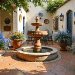A sunlit Mediterranean courtyard garden with a central terracotta fountain, vibrant flowers in antique urns, terracotta tiles, and a cobalt blue bistro set, captured in golden hour light highlighting textures and shadows.