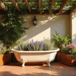 Cinematic wide shot of a sunlit Mediterranean terrace featuring a vintage clawfoot bathtub planter overflowing with olive branches, lavender, and rosemary, surrounded by leather suitcase planters with bougainvillea and ivy, under a wooden pergola adorned with string lights, casting intricate shadows on terracotta tiles and whitewashed walls.