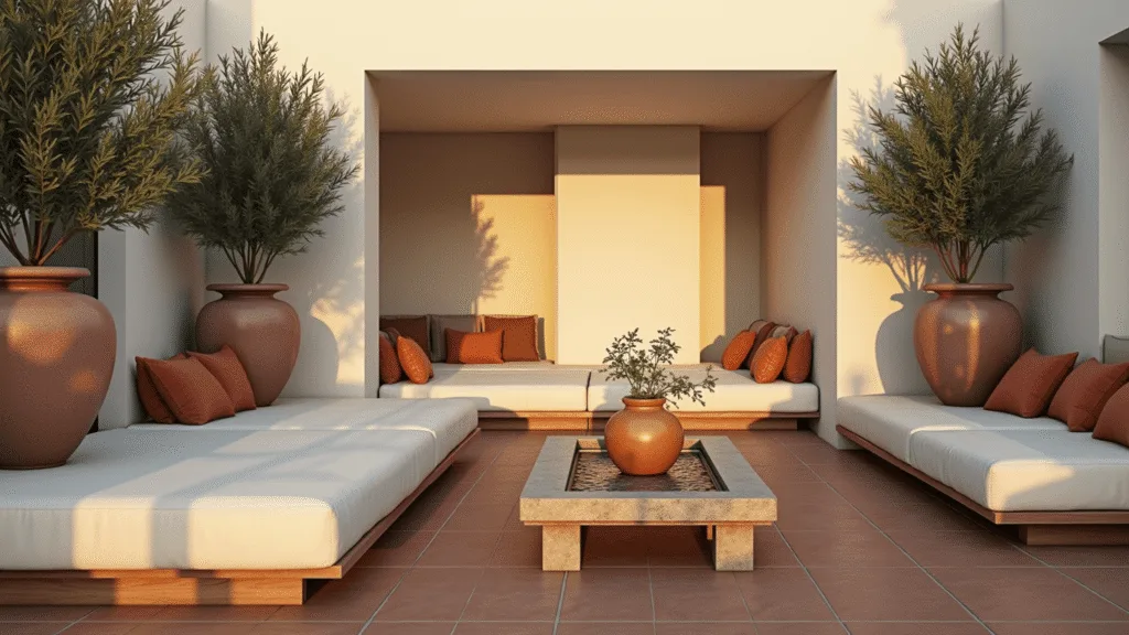 Photorealistic golden hour view of a luxurious Mediterranean terrace featuring terracotta tiles, whitewashed walls, plush curved seating, aged olive trees, and ornate lanterns, all beautifully styled for a high-end interior design aesthetic.