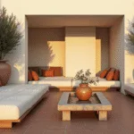 Photorealistic golden hour view of a luxurious Mediterranean terrace featuring terracotta tiles, whitewashed walls, plush curved seating, aged olive trees, and ornate lanterns, all beautifully styled for a high-end interior design aesthetic.