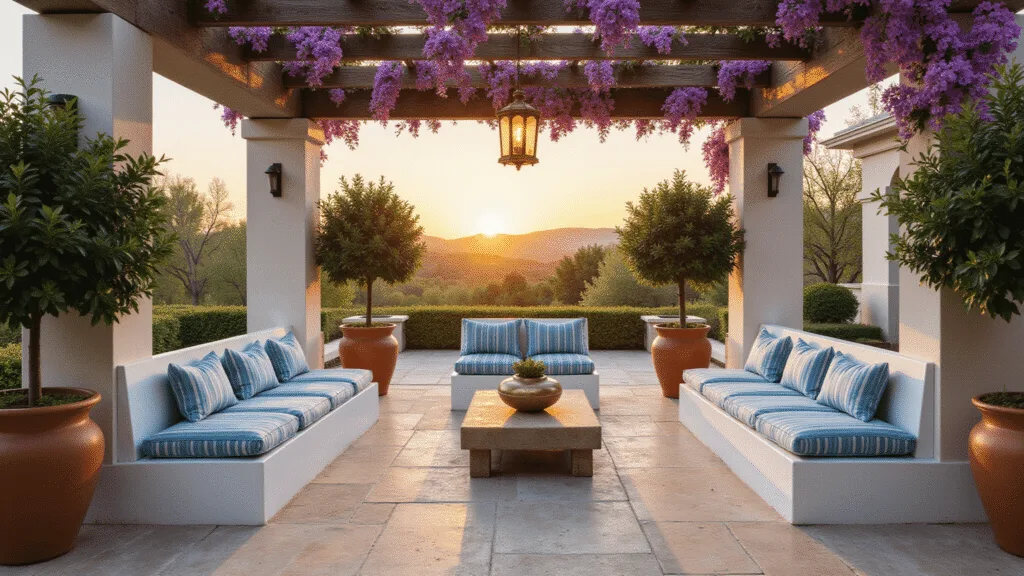 Photorealistic Mediterranean villa pergola at sunset, featuring a whitewashed wooden structure draped in purple bougainvillea, stone tile flooring, built-in concrete benches with blue and white striped cushions, and citrus trees in terracotta pots, all illuminated by warm golden light.