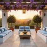 Photorealistic Mediterranean villa pergola at sunset, featuring a whitewashed wooden structure draped in purple bougainvillea, stone tile flooring, built-in concrete benches with blue and white striped cushions, and citrus trees in terracotta pots, all illuminated by warm golden light.