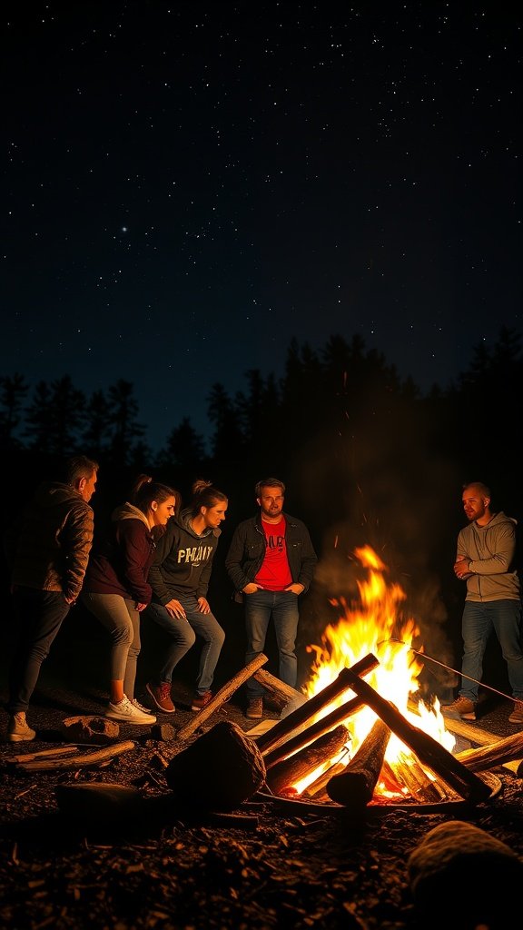 A group of friends gathered around a bonfire under a starry night sky.