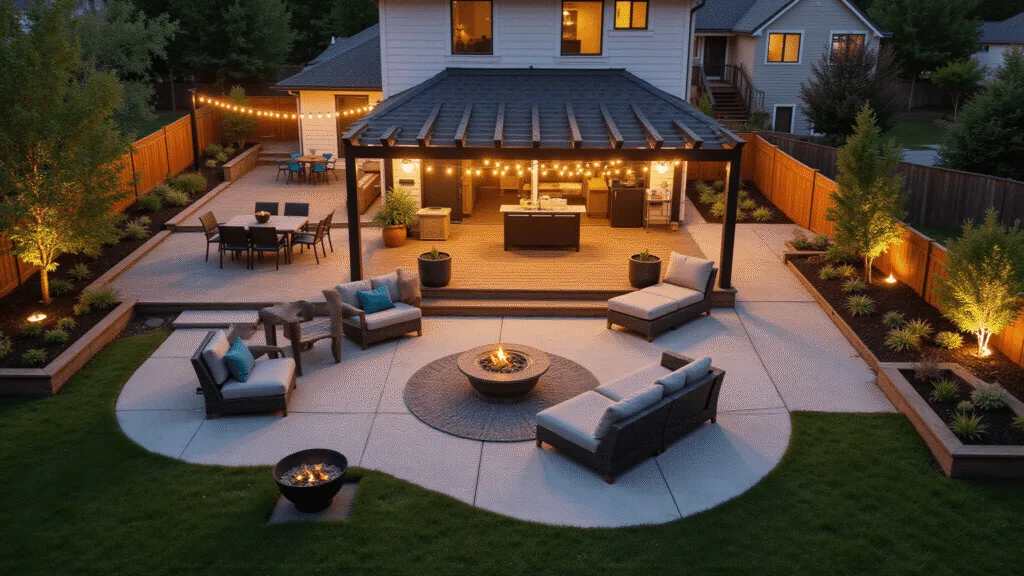 Aerial view of a modern family backyard at sunset, showcasing a composite deck with modular seating, illuminated pergola, kids' play area, raised garden beds, and a teak dining set, all bathed in warm amber light.