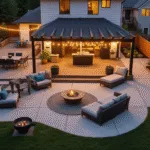 Aerial view of a modern family backyard at sunset, showcasing a composite deck with modular seating, illuminated pergola, kids' play area, raised garden beds, and a teak dining set, all bathed in warm amber light.