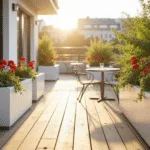 A modern balcony with white planter boxes housing red geraniums and cascading ivy, bathed in afternoon light, featuring a bistro set and light oak floorboards, with a blurred urban backdrop.