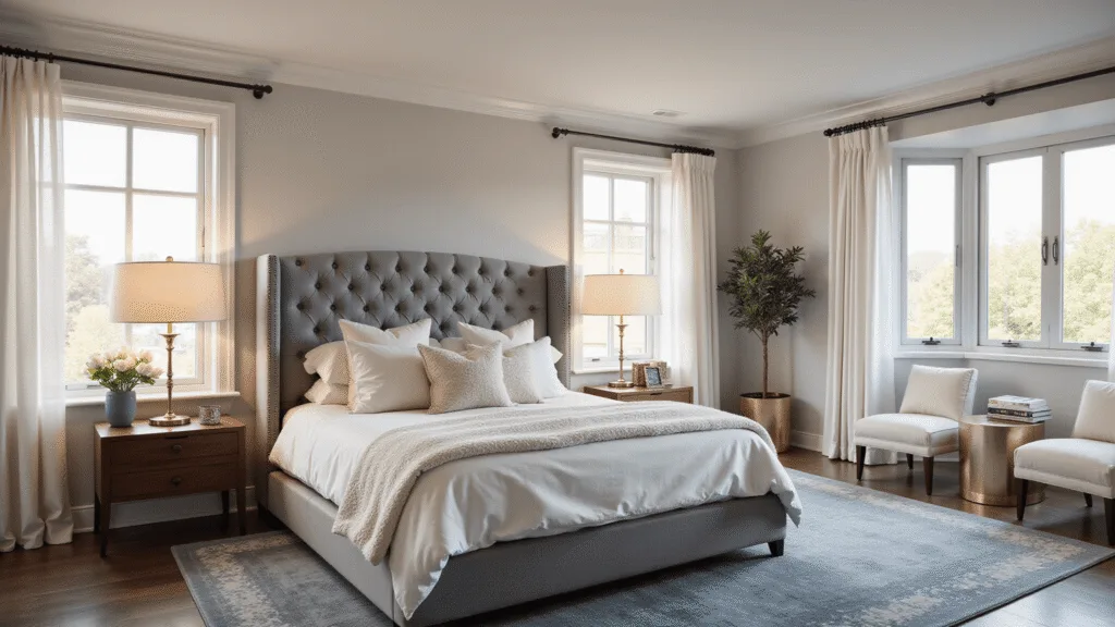 A spacious contemporary bedroom featuring a king-size bed with a tufted grey velvet headboard, layered white and cream linens, and textured throw pillows, paired with elegant walnut nightstands and brass lamps, all bathed in soft morning light from floor-to-ceiling windows.