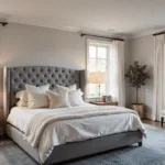 A spacious contemporary bedroom featuring a king-size bed with a tufted grey velvet headboard, layered white and cream linens, and textured throw pillows, paired with elegant walnut nightstands and brass lamps, all bathed in soft morning light from floor-to-ceiling windows.