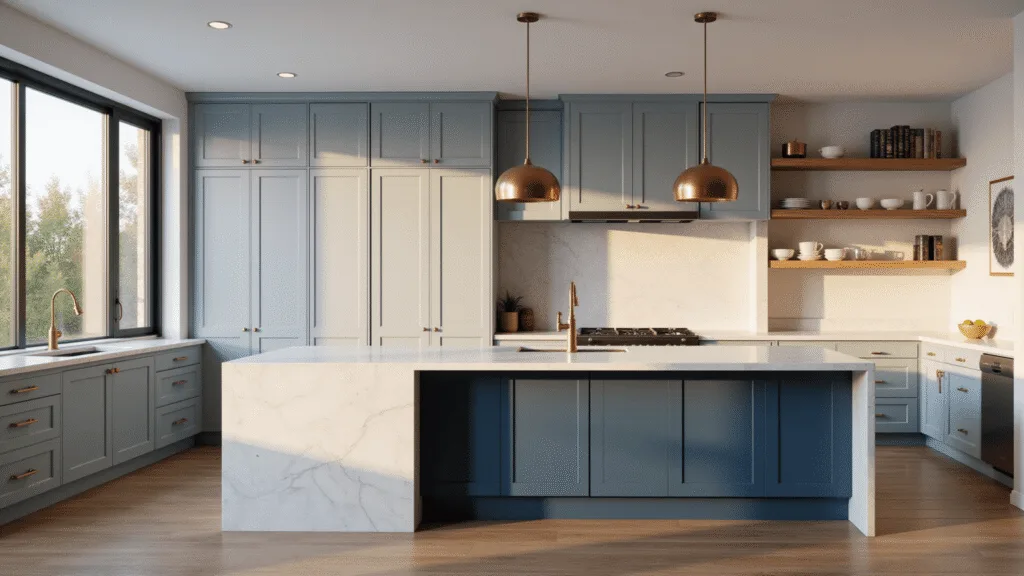 Photorealistic interior shot of a modern kitchen with two-tone blue-gray cabinets, a white quartz waterfall island, and brass accents, illuminated by golden hour light streaming through large windows, showcasing minimalist design elements and warm wooden accents.