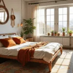 Sun-drenched modern bohemian bedroom featuring a rattan platform bed with ivory linen bedding and rust-colored pillows, a vintage Moroccan rug on dark hardwood floors, macramé wall hangings, and trailing plants in ceramic pots, all illuminated by soft natural light through sheer curtains during golden hour.