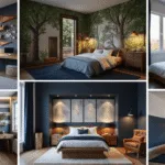 Photorealistic interior design collage of modern boy's bedrooms featuring sports, adventure, gaming, nautical, and geometric themes, with cinematic lighting and rich textures.
