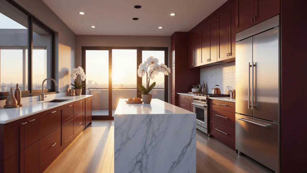 Photorealistic image of a luxurious modern kitchen featuring deep burgundy cabinets, white quartz countertops, and a marble waterfall island, illuminated by golden hour sunlight streaming through floor-to-ceiling windows, showcasing stainless steel appliances and minimal staging with a white orchid.