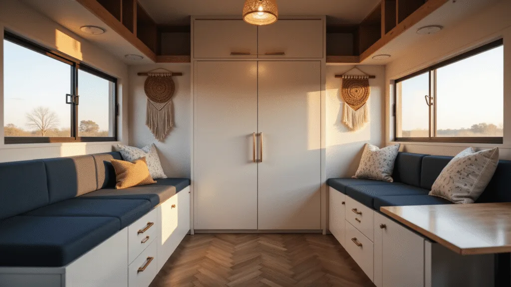 Photorealistic interior of a modern camper with a partially folded Murphy bed, modular seating, and warm lighting during golden hour, featuring natural materials and cozy decor.