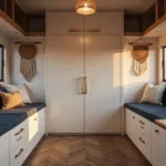 Photorealistic interior of a modern camper with a partially folded Murphy bed, modular seating, and warm lighting during golden hour, featuring natural materials and cozy decor.
