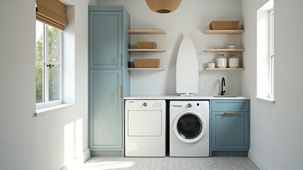Photorealistic image of a compact modern laundry room featuring pale blue shaker cabinets, a white stackable washer-dryer, floating oak shelves with woven baskets, and a fold-down ironing board, all bathed in soft morning sunlight.