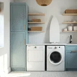 Photorealistic image of a compact modern laundry room featuring pale blue shaker cabinets, a white stackable washer-dryer, floating oak shelves with woven baskets, and a fold-down ironing board, all bathed in soft morning sunlight.