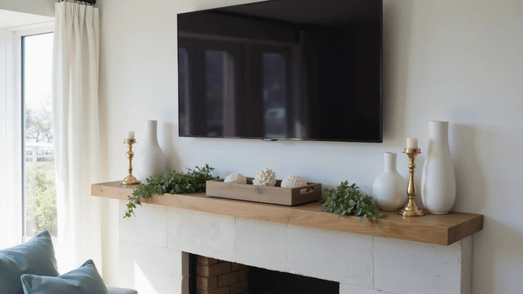 Cinematic interior of a sunlit coastal living room featuring a limestone fireplace with a white oak mantle, Samsung Frame TV, and stylish decor including ceramic vases, eucalyptus garland, and brass candlesticks, all in a palette of whites, blues, and greens.