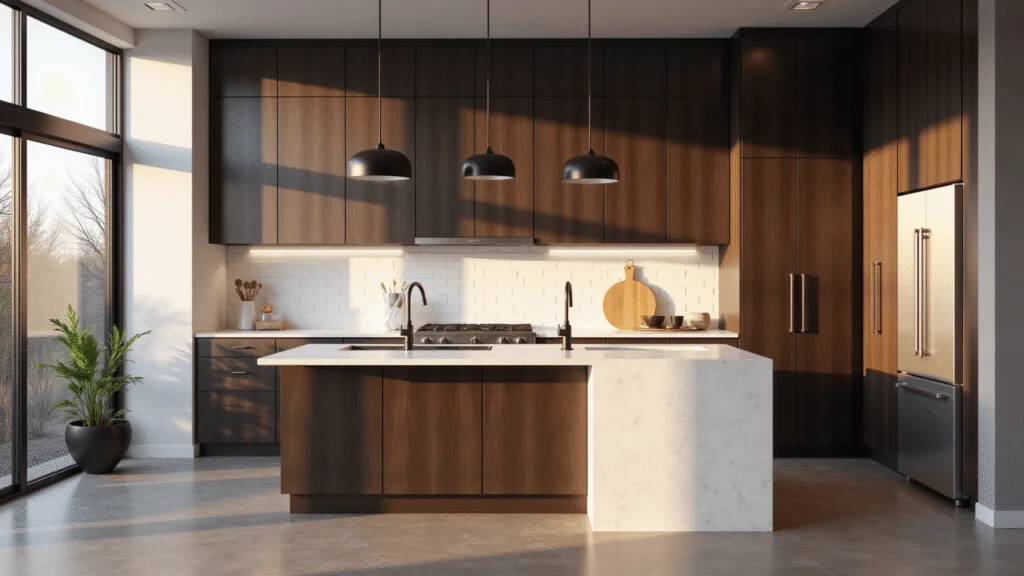 A spacious modern kitchen featuring espresso-brown Shaker cabinets, a white quartz waterfall island, and stainless steel appliances, illuminated by golden hour light streaming through large windows.