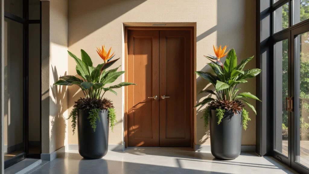 A modern entryway with a 12-foot ceiling, featuring two matte black cylindrical planters with 6-foot Bird of Paradise plants, surrounded by Coleus and English Ivy, dramatic afternoon lighting, and polished concrete flooring.