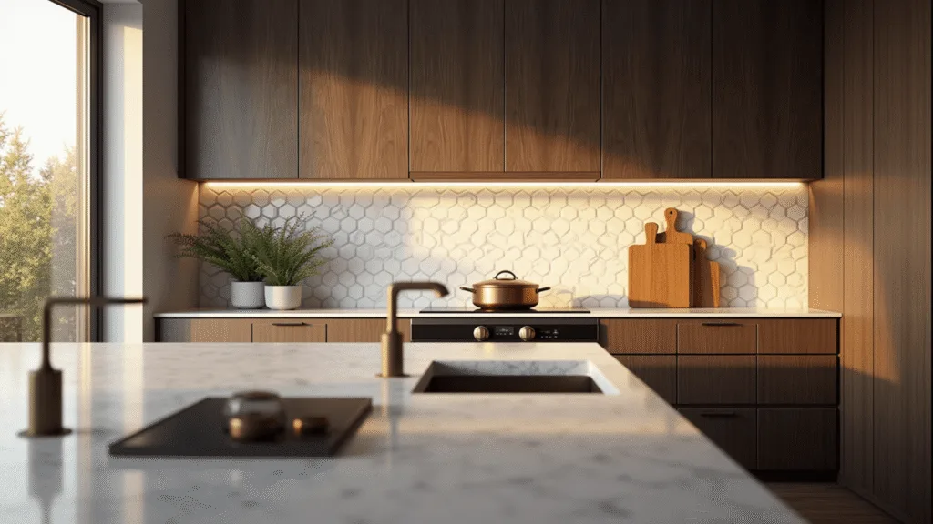 A hyperrealistic photograph of a contemporary kitchen featuring rich espresso-stained cabinets, an expansive white quartz island, and warm golden hour sunlight streaming through large windows, highlighting polished surfaces and minimal styling with copper cookware and fresh herbs.