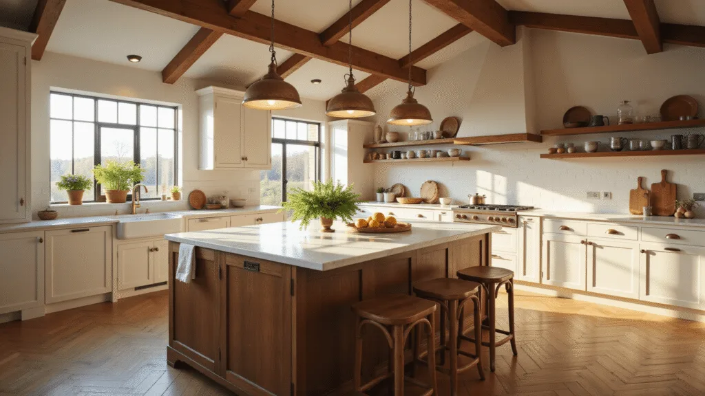 A sun-drenched farmhouse kitchen with creamy white Shaker cabinets, a walnut island with a marble waterfall countertop, exposed wooden beams, and vintage pendant lights, showcasing artisanal pottery and fresh herbs, captured in warm golden hour light.