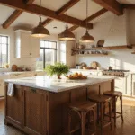 A sun-drenched farmhouse kitchen with creamy white Shaker cabinets, a walnut island with a marble waterfall countertop, exposed wooden beams, and vintage pendant lights, showcasing artisanal pottery and fresh herbs, captured in warm golden hour light.