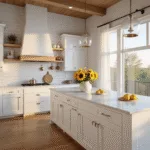 A sunlit modern farmhouse kitchen featuring white shiplap walls, a Calacatta marble island, and Shaker cabinets, with fresh sunflowers and Meyer lemons, captured in golden hour light with warm oak floors and dramatic shadows.