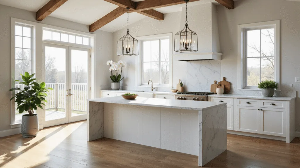 Hyperrealistic architectural photograph of a bright modern farmhouse kitchen featuring white shaker cabinets, a matte Carrara marble waterfall island, rustic oak floors, and sage green accents, illuminated by soft morning sunlight streaming through large windows. The high vaulted ceiling showcases exposed beams and polished nickel hardware, with artistic styling that includes fresh herbs, artisanal cutting boards, and crystal pendant lights, all captured in ultra-high resolution with a cinematic composition.