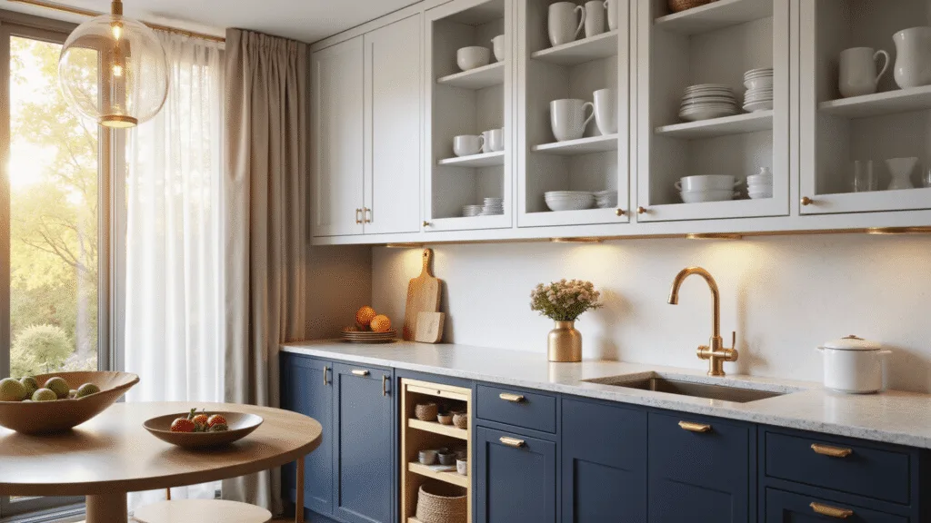 Photorealistic interior of a compact galley kitchen featuring white upper cabinets, navy lower cabinets with brass hardware, open shelving with white ceramics, and copper cookware, illuminated by morning golden hour light through sheer curtains.