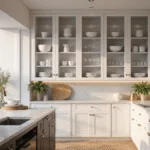 A luxurious modern kitchen featuring floor-to-ceiling glass cabinets, white porcelain dinnerware, and crystal glassware, with polished quartz countertops, warm oak herringbone flooring, and marble backsplash, illuminated by natural light and LED accents at magic hour.