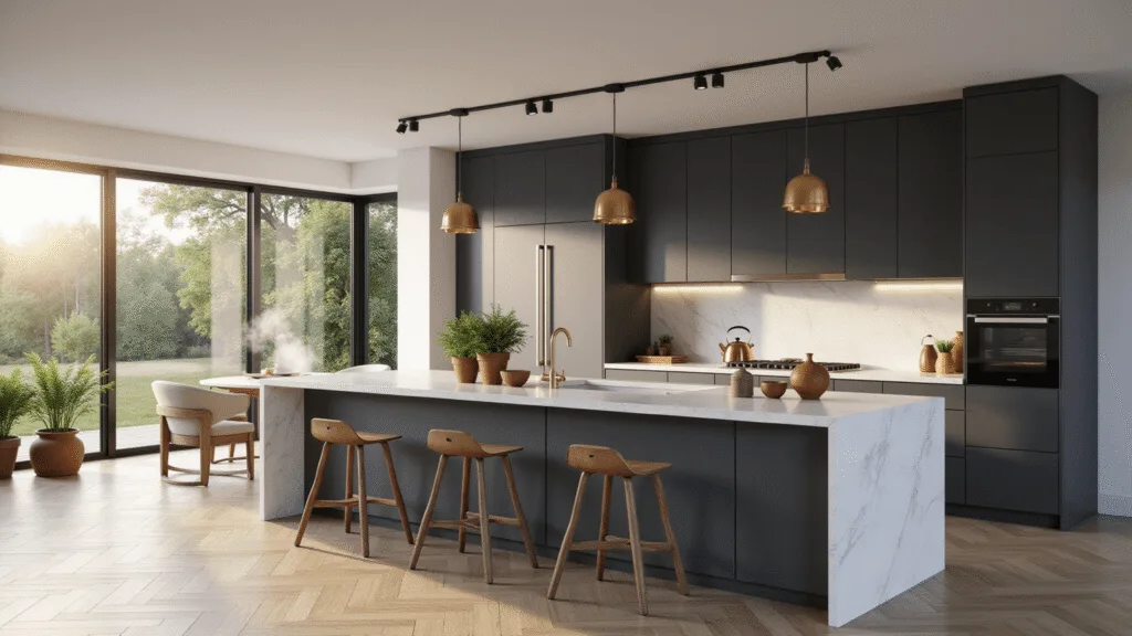 Photorealistic wide-angle view of a luxurious modern kitchen featuring matte charcoal gray cabinets, a white quartz waterfall island, and herringbone white oak flooring, illuminated by soft morning light through large windows, with decorative herbs and artisanal ceramics, captured in high detail.