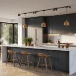 Photorealistic wide-angle view of a luxurious modern kitchen featuring matte charcoal gray cabinets, a white quartz waterfall island, and herringbone white oak flooring, illuminated by soft morning light through large windows, with decorative herbs and artisanal ceramics, captured in high detail.