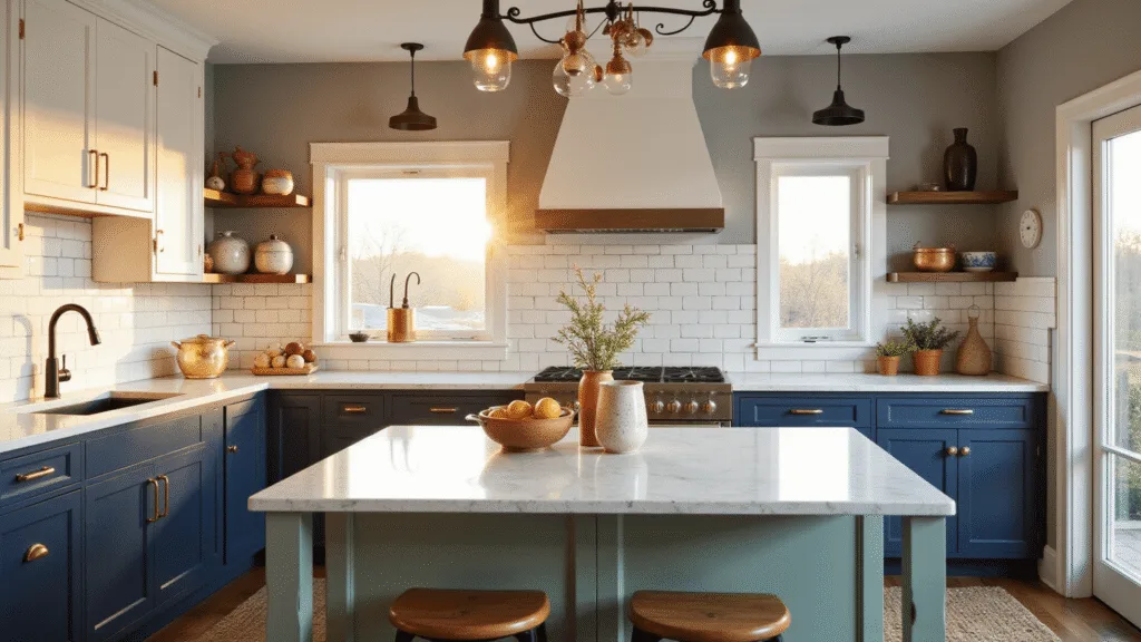 Cinematic wide-angle shot of a contemporary kitchen with a color palette transition from white upper cabinets to navy blue lower cabinets, featuring a sage green island, gold accents, and natural light through large windows.