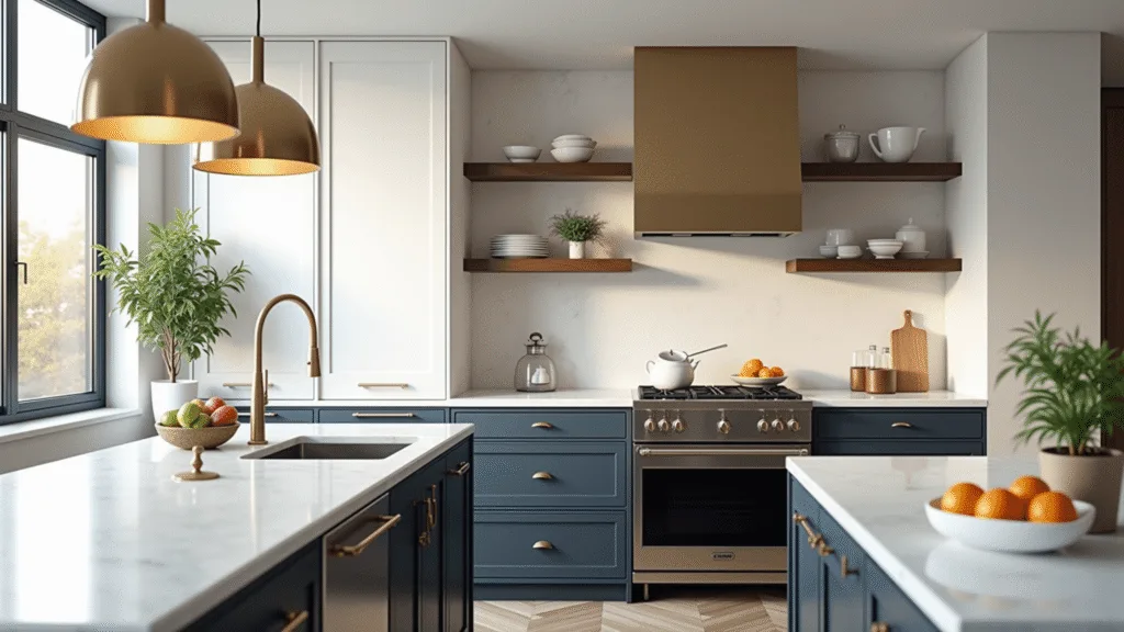 A luxurious modern kitchen featuring matte navy lower cabinets, a dramatic marble backsplash, oversized gold pendant lights, and a white quartz island, illuminated by soft natural light from floor-to-ceiling windows.