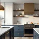 A luxurious modern kitchen featuring matte navy lower cabinets, a dramatic marble backsplash, oversized gold pendant lights, and a white quartz island, illuminated by soft natural light from floor-to-ceiling windows.