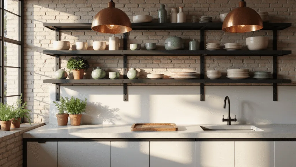 Photorealistic image of a modern kitchen with open shelving against an exposed brick wall, showcasing white quartz countertops, artisanal ceramic dishes, and copper pendant lights, illuminated by natural morning light streaming through large windows.