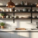 Photorealistic image of a modern kitchen with open shelving against an exposed brick wall, showcasing white quartz countertops, artisanal ceramic dishes, and copper pendant lights, illuminated by natural morning light streaming through large windows.