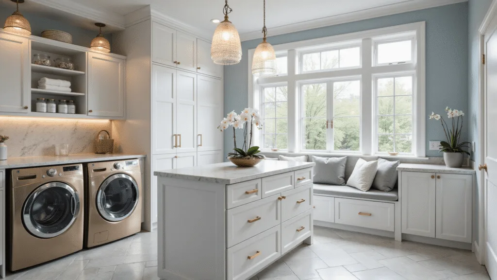 Luxurious modern laundry room featuring champagne gold appliances, marble herringbone flooring, pale blue walls, white shaker cabinets, a large quartz island, and spa-like decor illuminated by natural light.