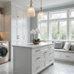 Luxurious modern laundry room featuring champagne gold appliances, marble herringbone flooring, pale blue walls, white shaker cabinets, a large quartz island, and spa-like decor illuminated by natural light.