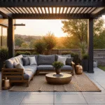 A contemporary patio at sunset featuring an L-shaped teak sectional with charcoal and ivory cushions, surrounded by geometric jute rugs, aluminum side tables, and succulents in matte black planters, illuminated by copper lanterns and string lights.