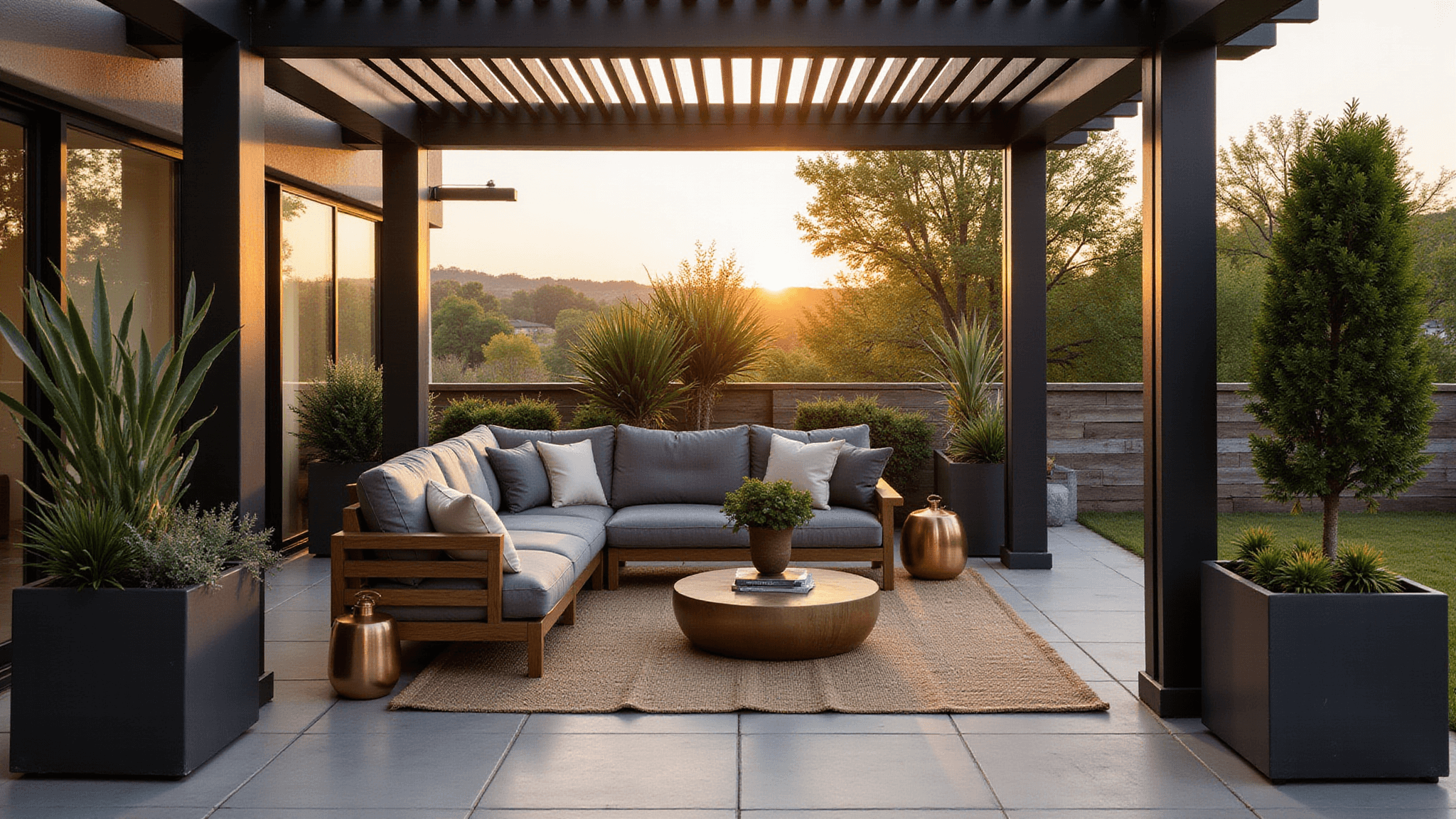 A contemporary patio at sunset featuring an L-shaped teak sectional with charcoal and ivory cushions, surrounded by geometric jute rugs, aluminum side tables, and succulents in matte black planters, illuminated by copper lanterns and string lights.