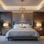 Photorealistic image of a sophisticated modern bedroom at dusk, featuring layered lighting, a king-sized bed with white linens, a tufted grey velvet headboard, a brushed brass sputnik chandelier, and warm geometric bedside lamps, all illuminated by soft LED cove lighting; floor-to-ceiling windows with sheer curtains allow blue hour light, complemented by metallic wallpaper, minimalist brass wall sconces, and natural materials like pale oak floors and a plush area rug.