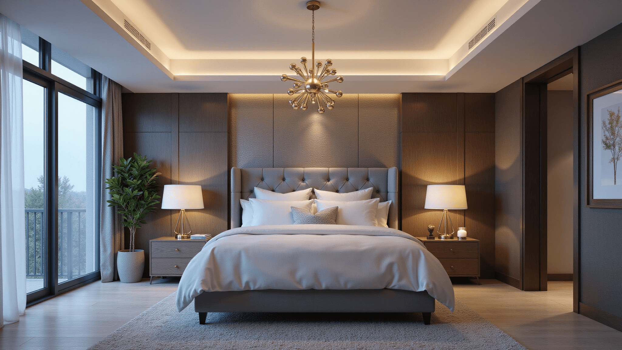 Photorealistic image of a sophisticated modern bedroom at dusk, featuring layered lighting, a king-sized bed with white linens, a tufted grey velvet headboard, a brushed brass sputnik chandelier, and warm geometric bedside lamps, all illuminated by soft LED cove lighting; floor-to-ceiling windows with sheer curtains allow blue hour light, complemented by metallic wallpaper, minimalist brass wall sconces, and natural materials like pale oak floors and a plush area rug.