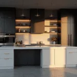 Photorealistic view of a contemporary luxury kitchen with matte black aluminum cabinets, brushed gold hardware, and a large white quartz waterfall island, illuminated by golden hour light through floor-to-ceiling windows. Features gunmetal appliances, geometric backsplash, and ambient LED lighting.