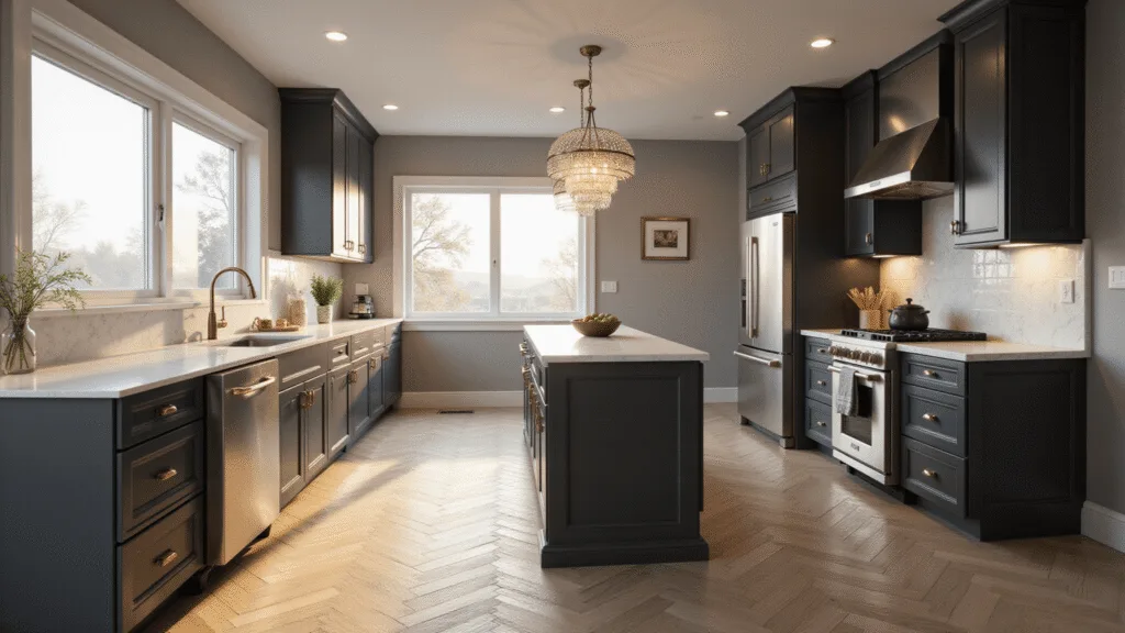 A modern luxury kitchen featuring dark charcoal gray shaker cabinets, a white quartz waterfall island, stainless steel appliances, and herringbone white oak floors, illuminated by golden hour sunlight filtering through floor-to-ceiling windows, accented with a crystal chandelier and brushed brass hardware.