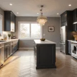 A modern luxury kitchen featuring dark charcoal gray shaker cabinets, a white quartz waterfall island, stainless steel appliances, and herringbone white oak floors, illuminated by golden hour sunlight filtering through floor-to-ceiling windows, accented with a crystal chandelier and brushed brass hardware.
