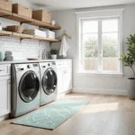 A modern, photorealistic laundry room featuring sleek appliances, white cabinetry, and stylish decor, illuminated by natural light.