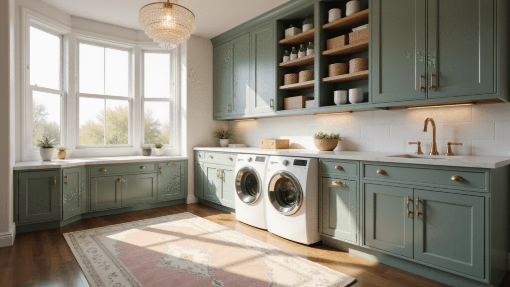 Photorealistic interior of a spacious laundry room with sage green Shaker cabinets, brass hardware, large windows, a white washer and dryer under a Carrara marble countertop, a crystal chandelier, wood-look vinyl flooring, and organized shelving with storage containers and baskets, captured in golden hour lighting.