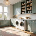 Photorealistic interior of a spacious laundry room with sage green Shaker cabinets, brass hardware, large windows, a white washer and dryer under a Carrara marble countertop, a crystal chandelier, wood-look vinyl flooring, and organized shelving with storage containers and baskets, captured in golden hour lighting.